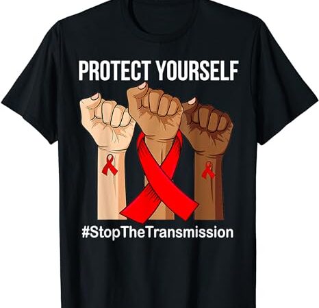 Raising hand protect yourself hivaids awareness red ribbon t-shirt Raising hand protect yourself hivaids awareness red ribbon t-shirt