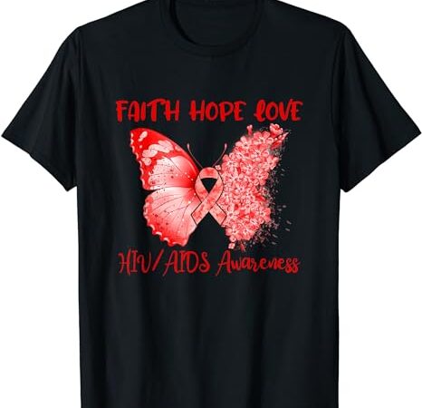 Red ribbon butterfly faith hope love hivaids awareness t-shirt