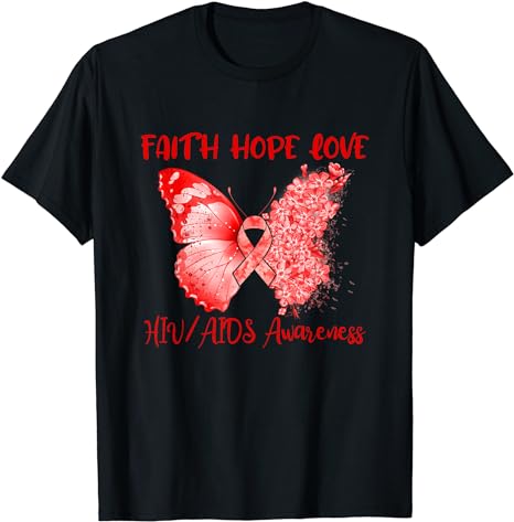 Red Ribbon Butterfly Faith Hope Love HIVAIDS Awareness T-Shirt