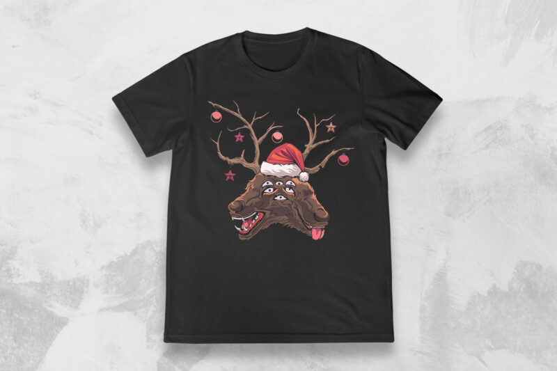 Christmas Reindeer Monster T-shirt Designs Bundle, Deer Monster T-shirt Design Artwork, Christmas T-shirt Design Vector