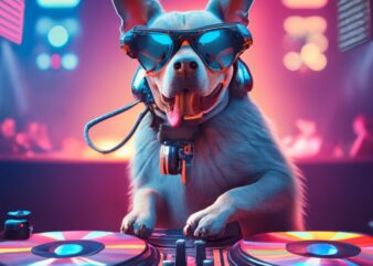 Retro Blue Heeler Dog djing on two technic 2500 turntables and a mixer hip hop style in a club with lights in background PNG File