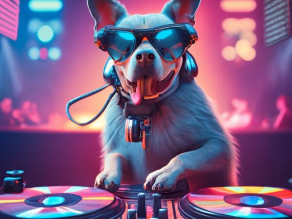 Retro blue heeler dog djing on two technic 2500 turntables and a mixer hip hop style in a club with lights in background png file t shirt design online