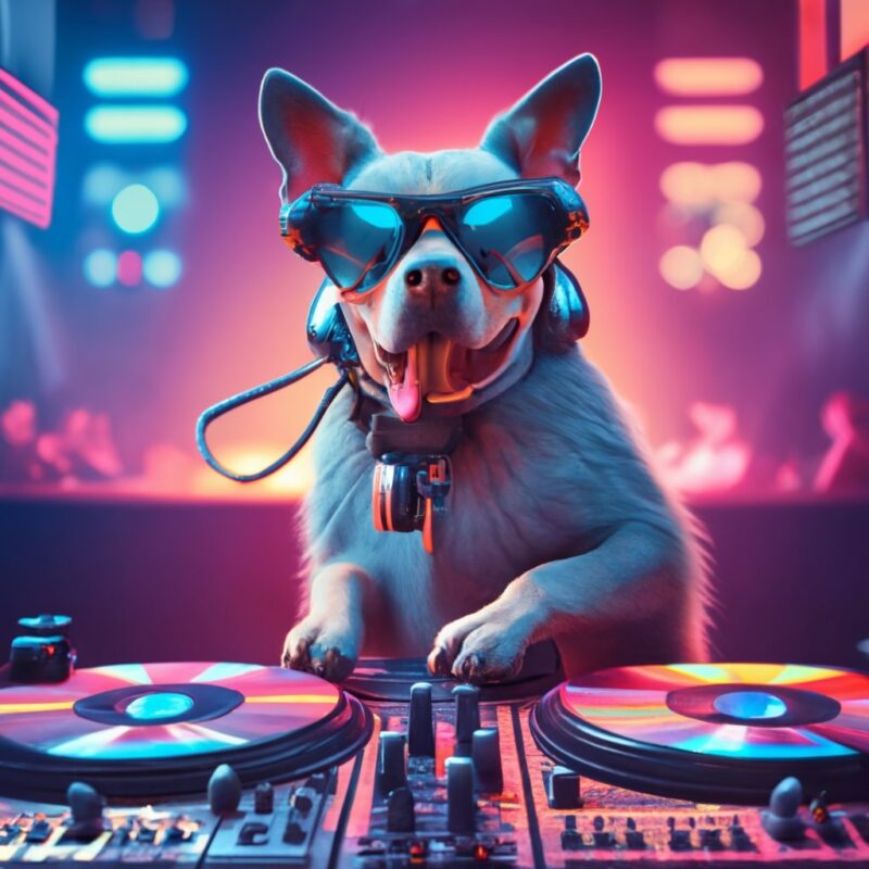 Retro Blue Heeler Dog djing on two technic 2500 turntables and a mixer hip hop style in a club with lights in background PNG File