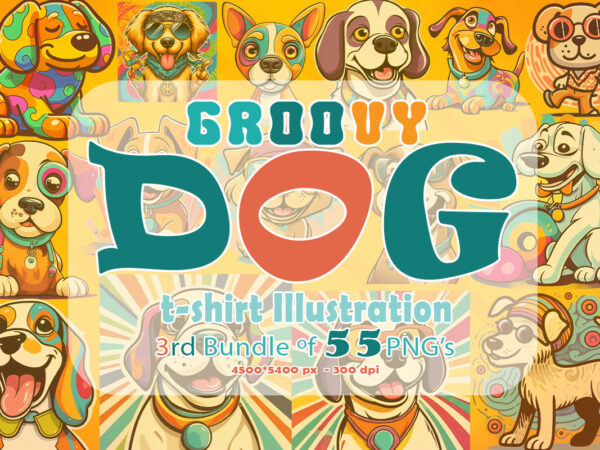 Retro groovy dog clipart illustration bundle tailored for print on demand t shirt design online