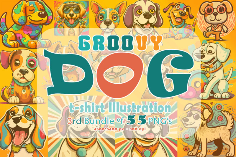 Retro Groovy Dog Clipart Illustration Bundle Tailored for Print on Demand