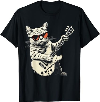 Rock cat playing guitar rock kitty funny guitar cat t-shirt