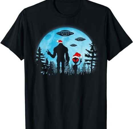 Santa bigfoot and alien ufo night forest christmas sasquatch t-shirt