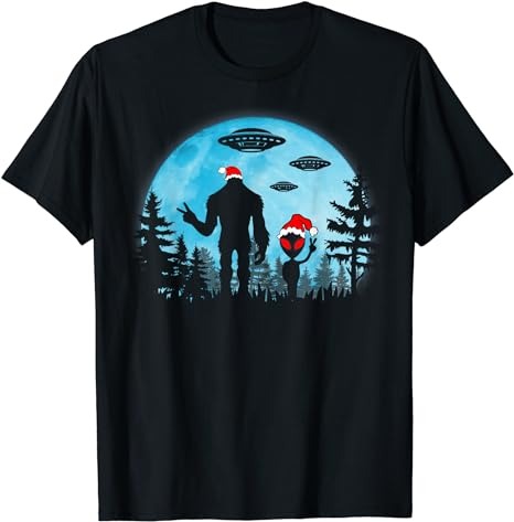 Santa Bigfoot and Alien UFO Night Forest Christmas Sasquatch T-Shirt