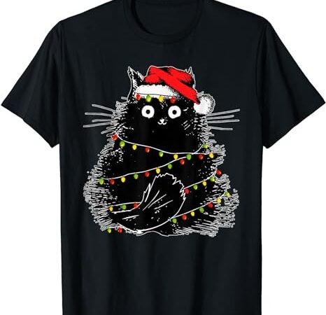 Santa black cat tangled up in christmas tree lights holiday t-shirt