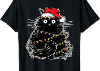 Santa Black Cat Tangled Up In Christmas Tree Lights Holiday T-Shirt