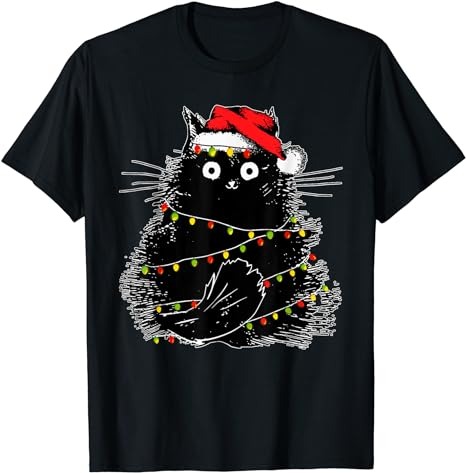 Santa Black Cat Tangled Up In Christmas Tree Lights Holiday T-Shirt