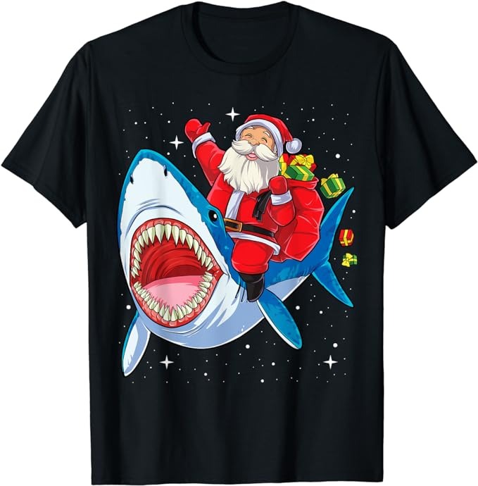 Santa Claus Riding Shark Christmas Boys Merry Sharkmas Xmas T-Shirt
