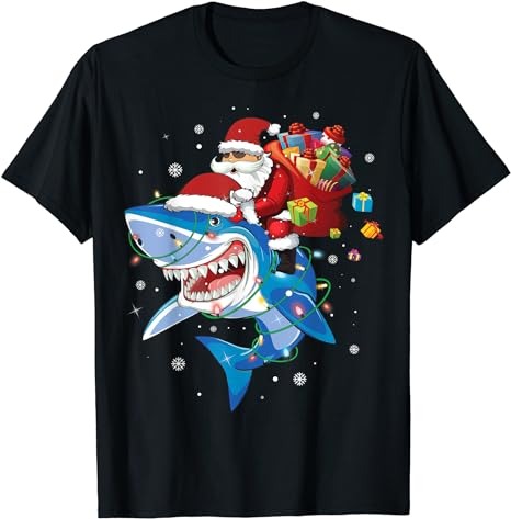 Santa Claus riding shark lover Merry Christmas Xmas T-Shirt