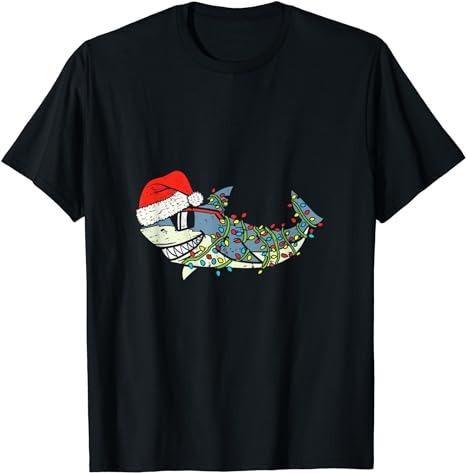Santa Hat Christmas Lights Shark Christmas Toddler Boys Kids T-Shirt