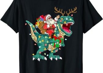 Santa Riding Dinosaur T rex Deer Kids Boys Men Christmas T-Shirt