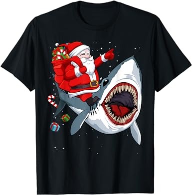 Santa riding shark christmas pajama cute ocean animal x-mas t-shirt