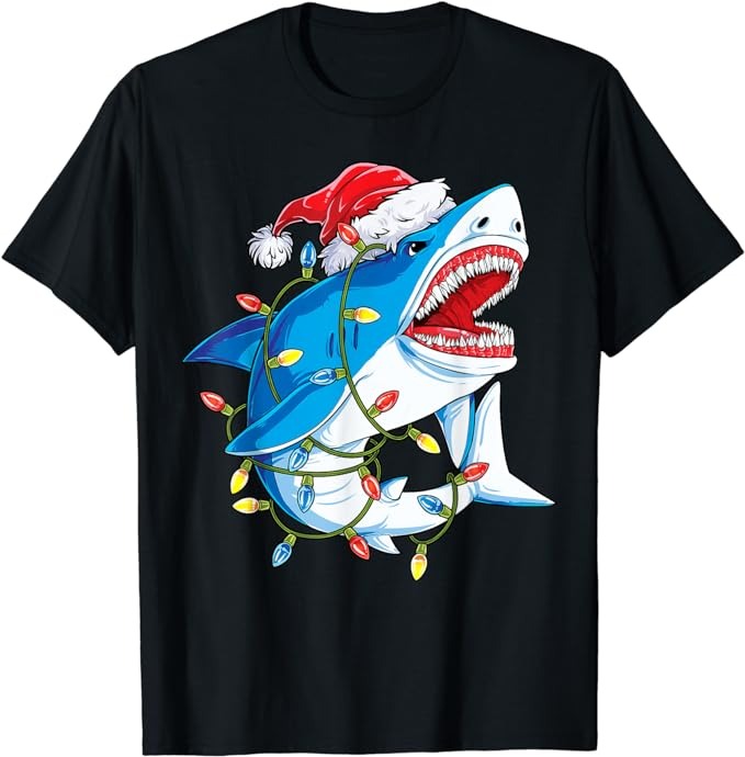 Santa Shark Christmas Lights Sharkmas Tree Xmas Boys Men T-Shirt 1