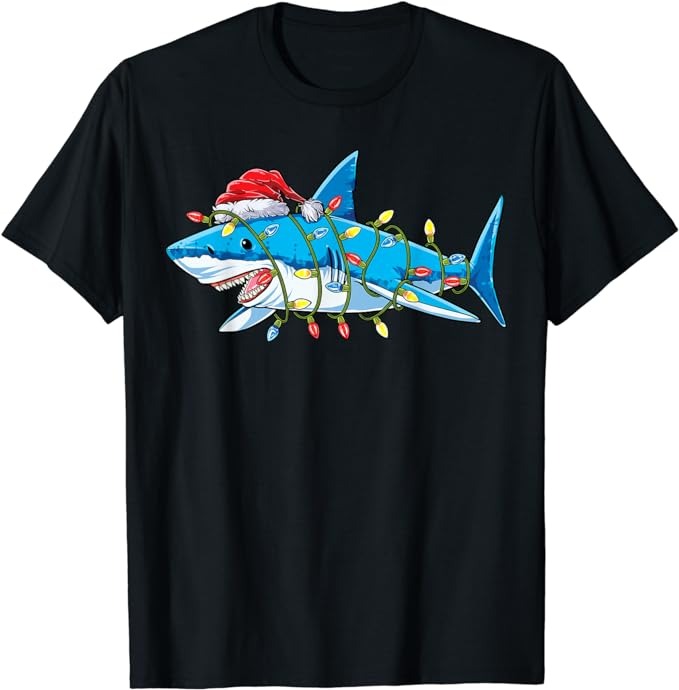 Santa Shark Christmas Lights Sharkmas Tree Xmas Boys Men T-Shirt