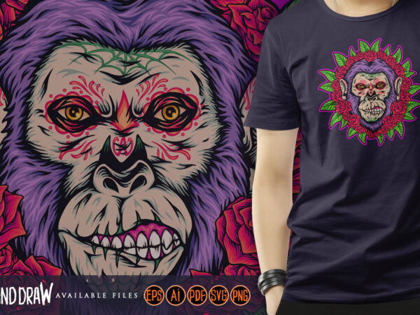 Scary monkey muertos creepy floral t shirt template vector