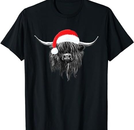 Scottish highland cow christmas santa hat t-shirt