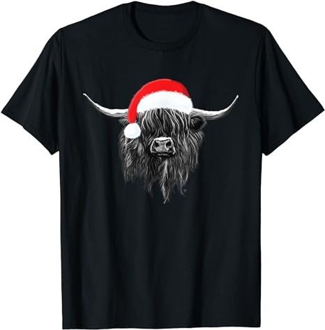 Scottish Highland Cow Christmas Santa Hat T-Shirt