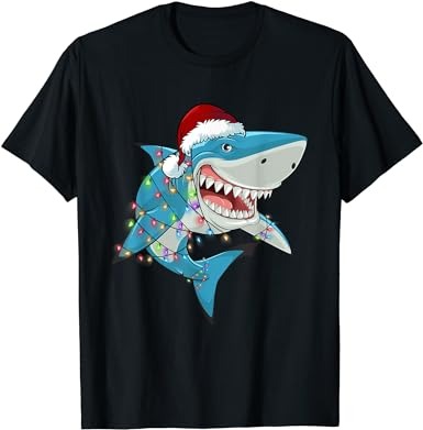 Shark christmas tree lights santa hat xmas gifts boys kids t-shirt