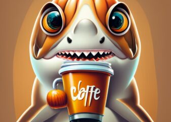 Shark drinking a pumpkin latte, t-shirt design PNG File