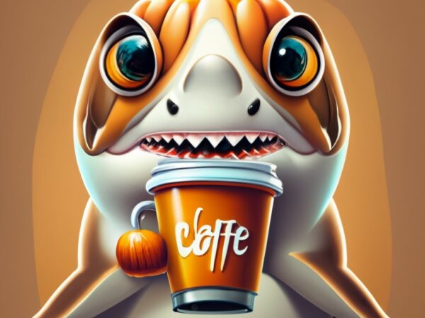 Shark drinking a pumpkin latte, t-shirt design png file