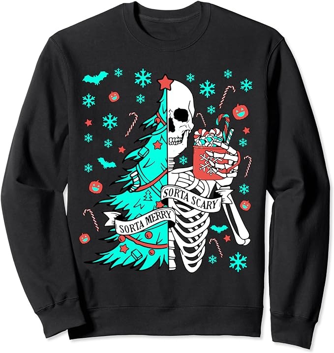 Sorta Merry Sorta Scary Funny Christmas Skeleton Tree Santa Sweatshirt