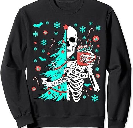 Sorta merry sorta scary funny christmas skeleton tree santa sweatshirt