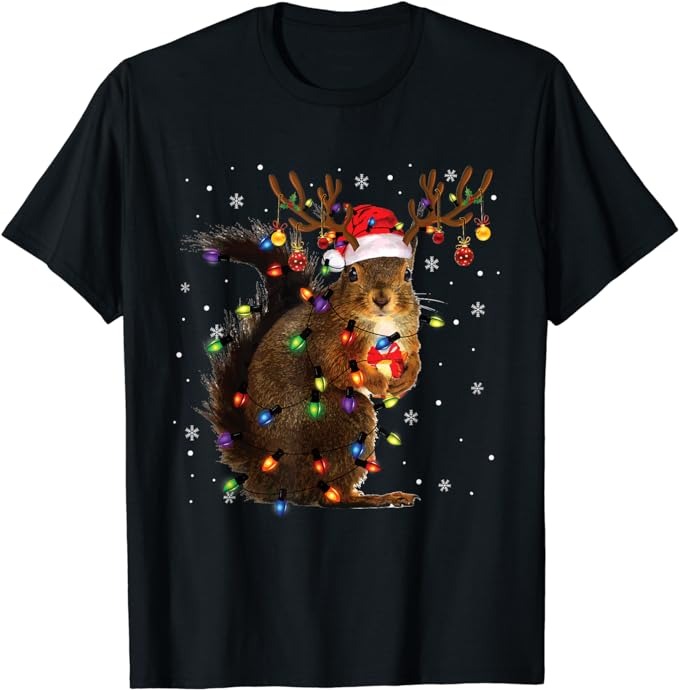 Squirrel Christmas Tee Reindeer Christmas Lights Pajama T-Shirt