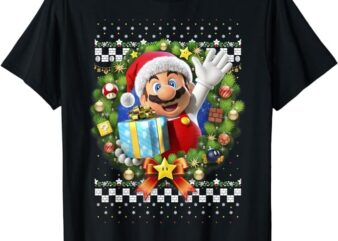 Super Mario 3D Christmas Wreath Present Graphic Short Sleeve T-Shirt