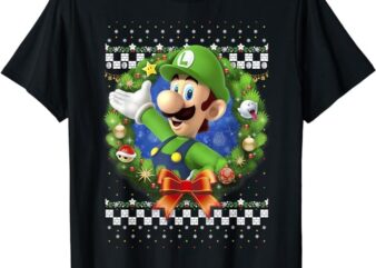 Super Mario 3D Luigi Christmas Wreath Graphic T-Shirt T-Shirt