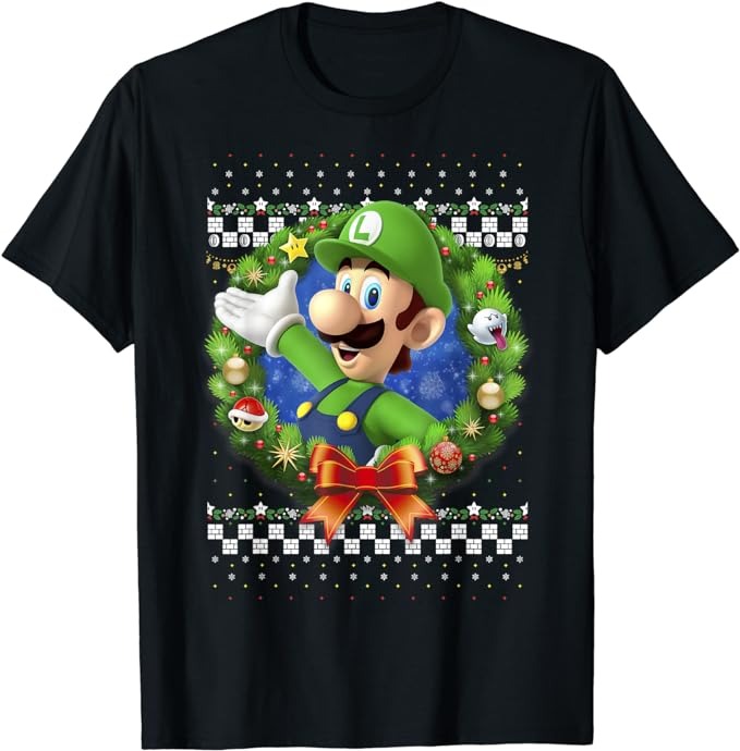 Super Mario 3D Luigi Christmas Wreath Graphic T-Shirt T-Shirt