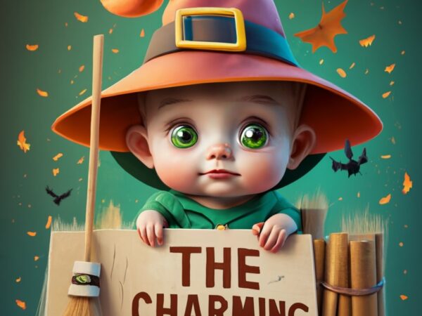 T-shirt design, a little one-year-old witch, very pretty, green eyes, cinnamon skin, short hair, on her little broom, and a sign ”the charm