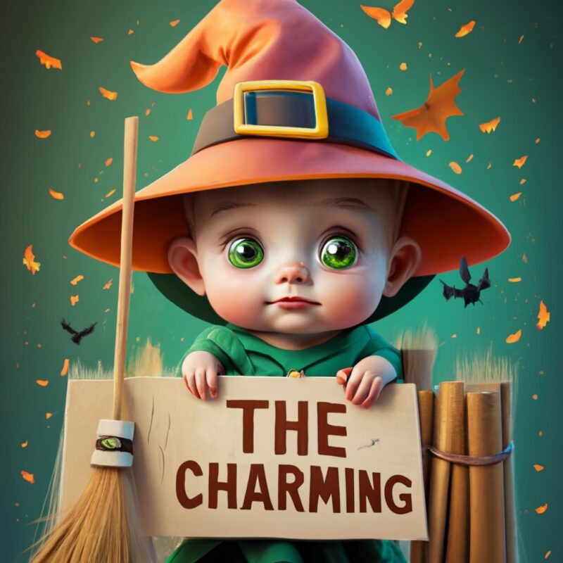 T-shirt design, a little one-year-old witch, very pretty, green eyes, cinnamon skin, short hair, on her little broom, and a sign ”The Charm