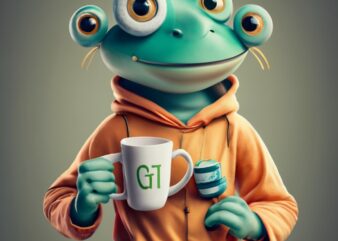 T-shirt design, anthropomorphic character with a cup of coffee, “GM” on the cup PNG File
