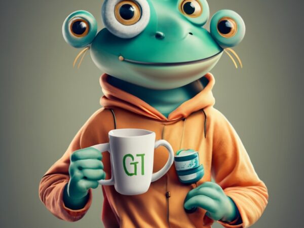 T-shirt design, anthropomorphic character with a cup of coffee, “gm” on the cup png file