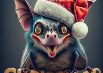 T-shirt design, crazy bat with santa clause hat. Text “Happy Christmas” PNG File