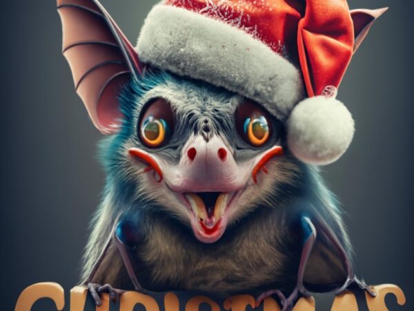 T-shirt design, crazy bat with santa clause hat. text “happy christmas” png file