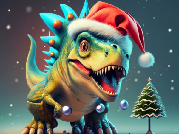 T-shirt design, crazy dino with santa clause hat. text “happy christmas” png file