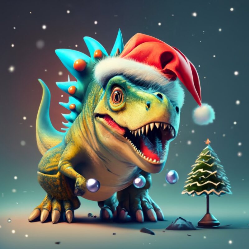 T-shirt design, crazy dino with santa clause hat. Text “Happy Christmas” PNG File