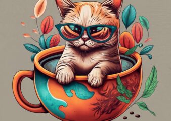 T-shirt design of a Cat swimming in a Coffee cup, Chinese Ink Colors PNG File