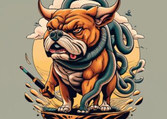 T-shirt design of a furious bull dog with lots of snakes coming out of its skin, standing on a cliff, painting PNG File