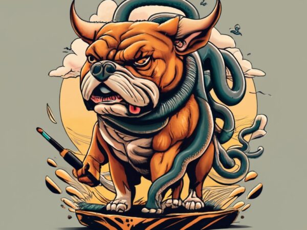T-shirt design of a furious bull dog with lots of snakes coming out of its skin, standing on a cliff, painting png file