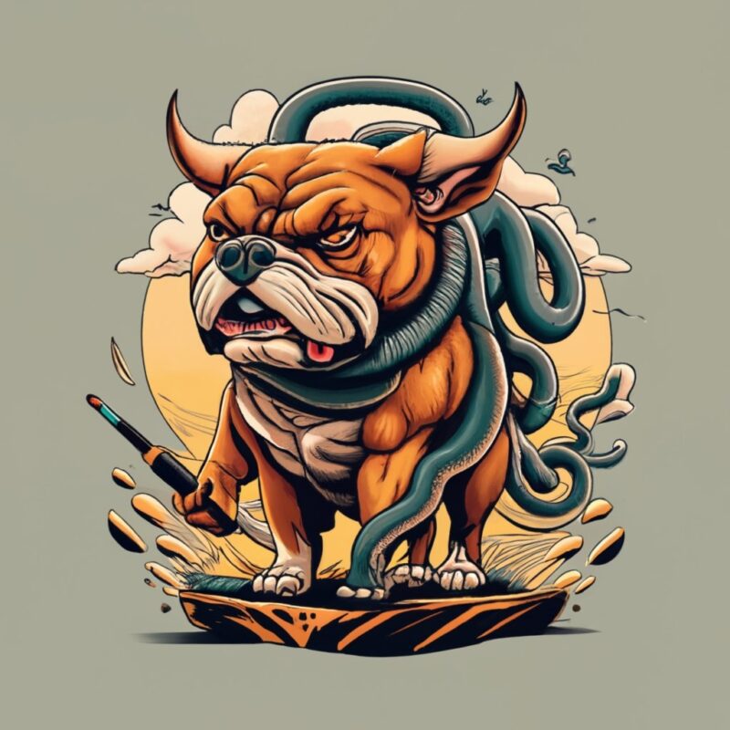 T-shirt design of a furious bull dog with lots of snakes coming out of its skin, standing on a cliff, painting PNG File