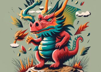 T-shirt design of a furious multi head dragon standing on a cliff, painting PNG File