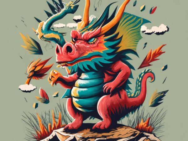 T-shirt design of a furious multi head dragon standing on a cliff, painting png file