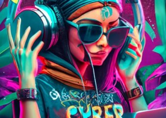 T-shirt design of cyber gypsy in paradise, headphones mic and laptopr Text “cyber” “gypsy” PNG File
