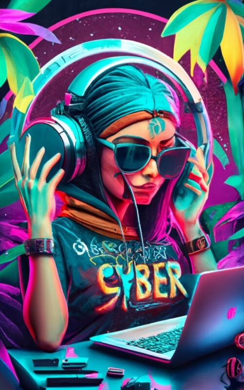 T-shirt design of cyber gypsy in paradise, headphones mic and laptopr Text “cyber” “gypsy” PNG File